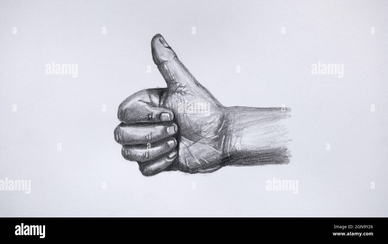 Geste mit der Hand, die den Daumen nach oben zeigt. Handzeichnung, Strichkunst auf weißem Papier. Stockfoto