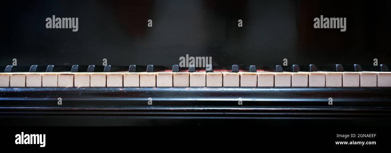Keyboard eines alten Flügels mit weißen und schwarzen Tasten aus Elfenbein und Ebenholz, Panoramafenster mit Kopierraum, ausgewählter Fokus Stockfoto