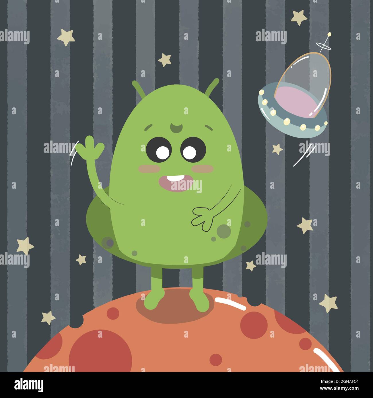 Netter Raum Alien, glücklich freundliches Monster mit ufo. Martian im Kawaii-Stil im Weltraum. Vektordarstellung auf dunklem Hintergrund isoliert. Stock Vektor