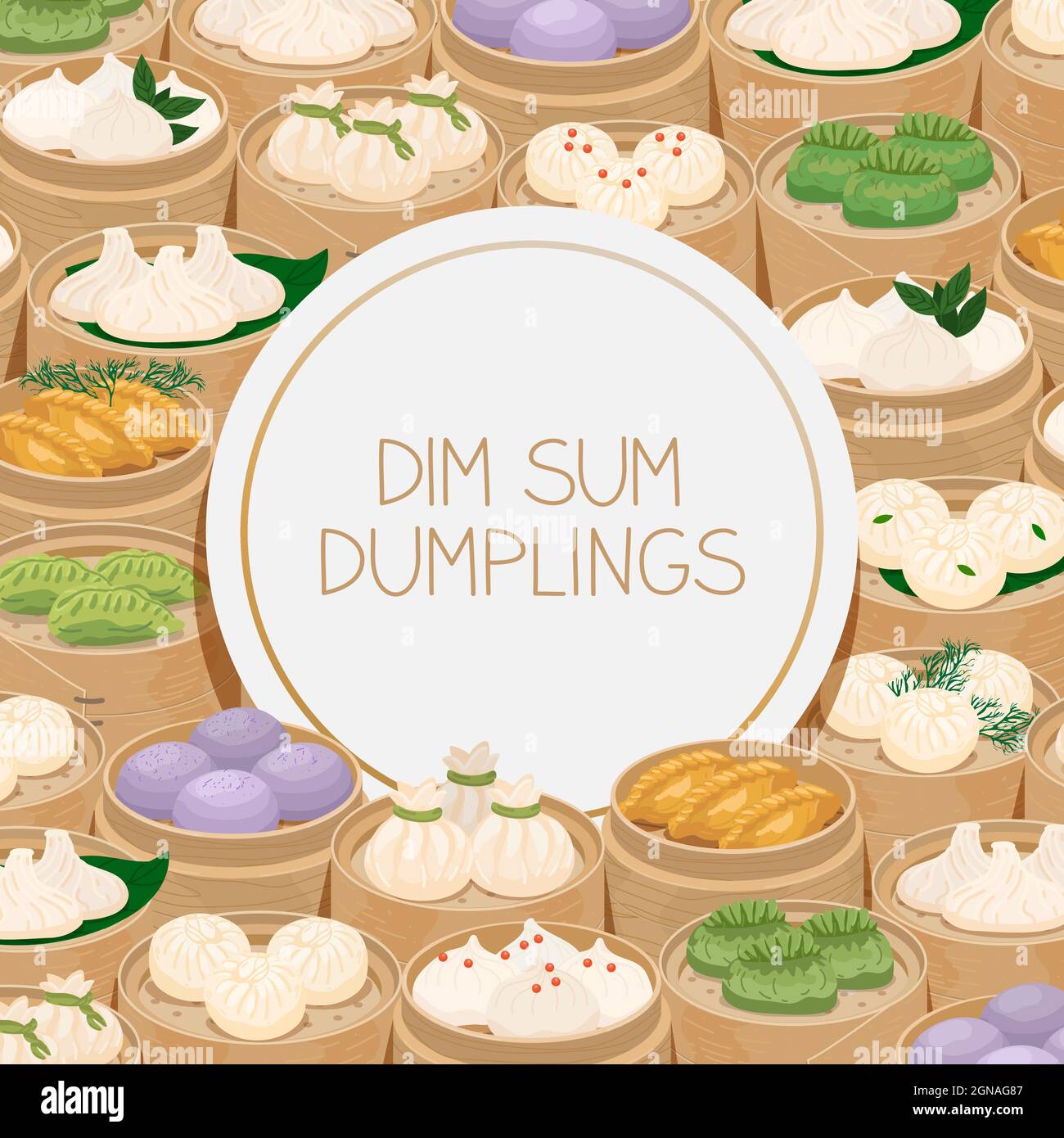 Gedünstete Knödel. Dim Sum oder momo in Bambuskörben. Banner-Vorlage mit verschiedenen Knödeln und Platz für Text. Traditionelle asiatische Küche. Ve Stock Vektor