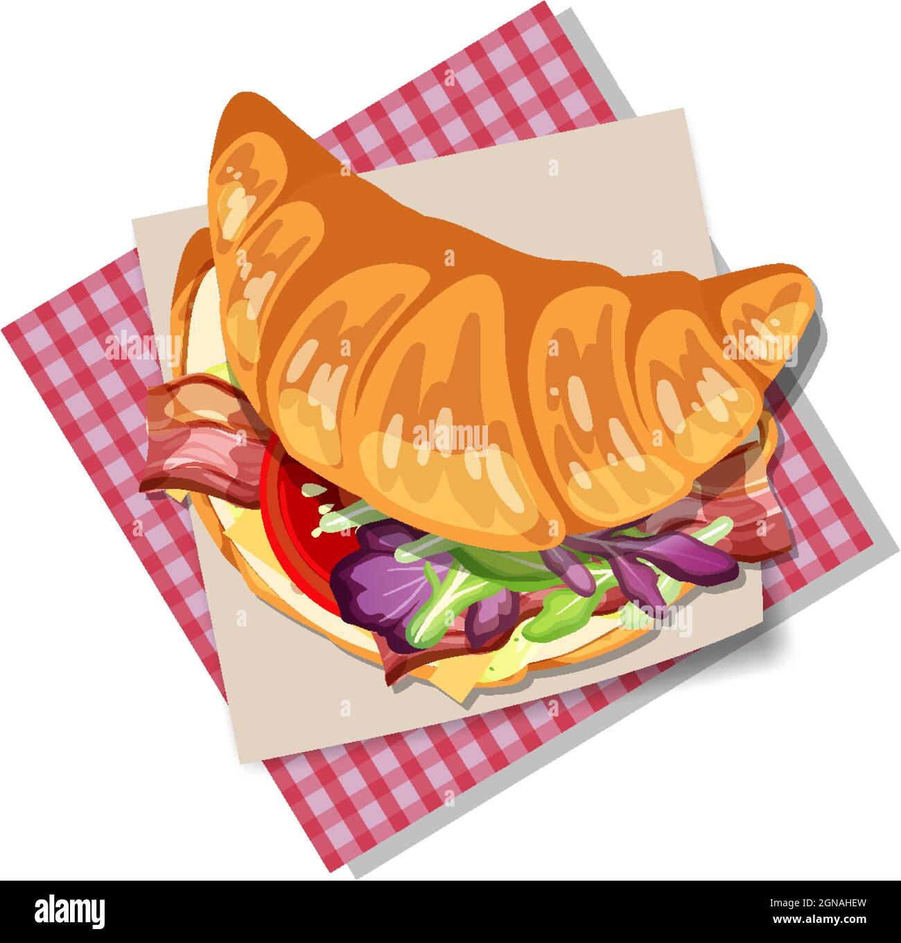 Frühstück Croissant Sandwich mit Gemüse und Speck isoliert Illustration Stock Vektor