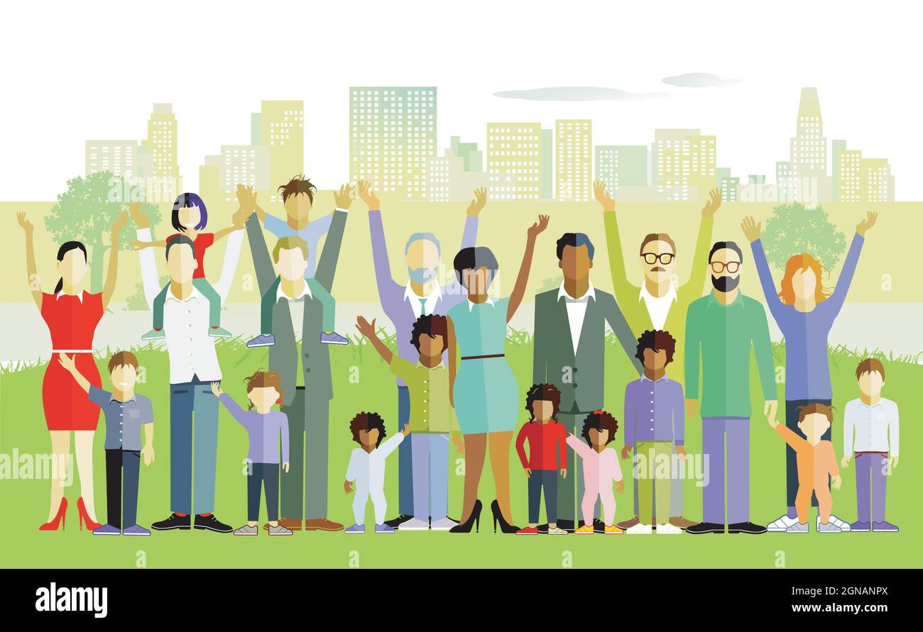 Familien, Eltern und Kinder, Gruppen von Menschen vor einer Stadt Stock Vektor