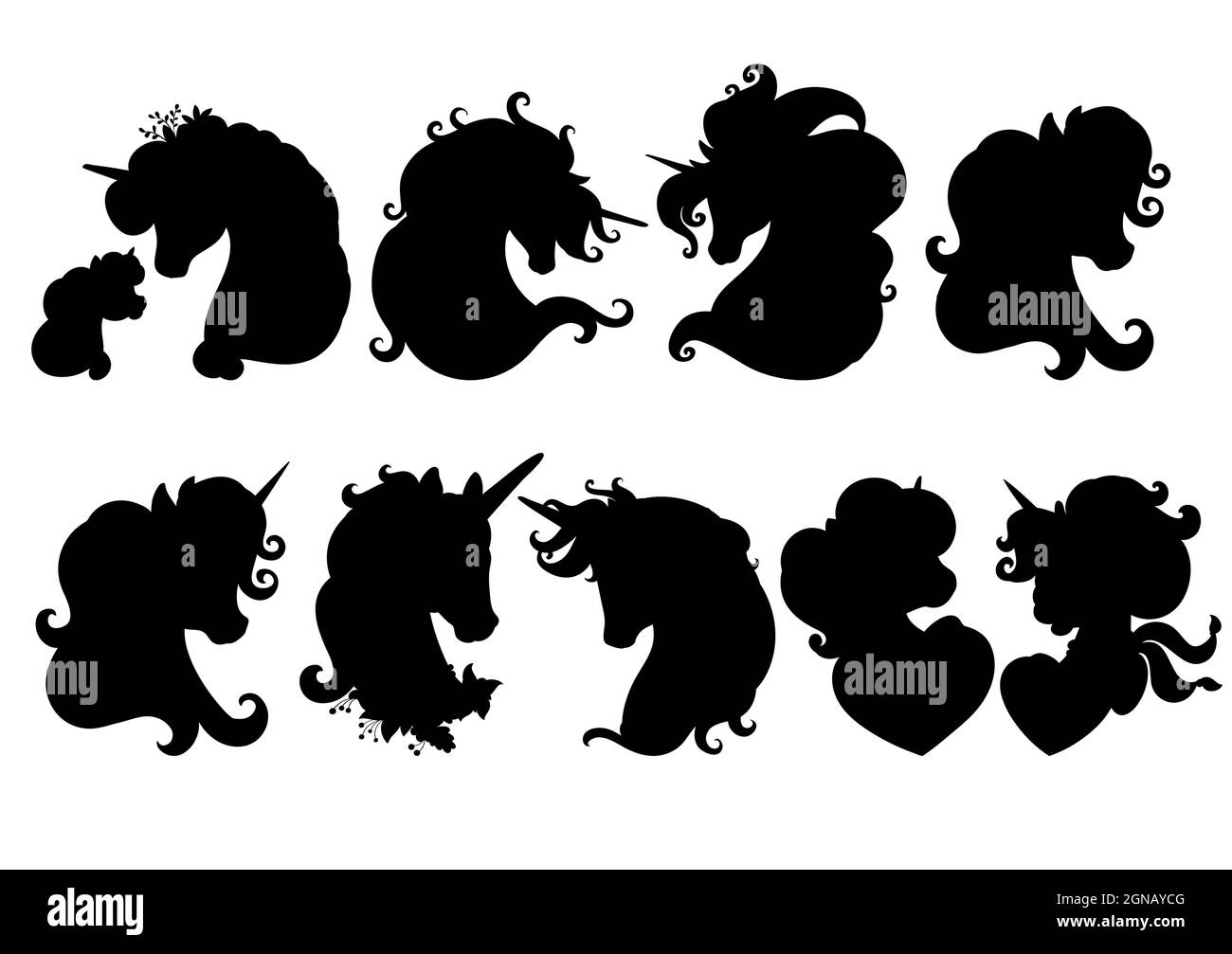 Set von niedlichen Cartoon Einhörner Köpfe. Vorlage für die Darstellung von schwarzen Silhouetten auf weißem Hintergrund isoliert. Für Druck, Aufkleber, Design, Geschirr und Stock Vektor
