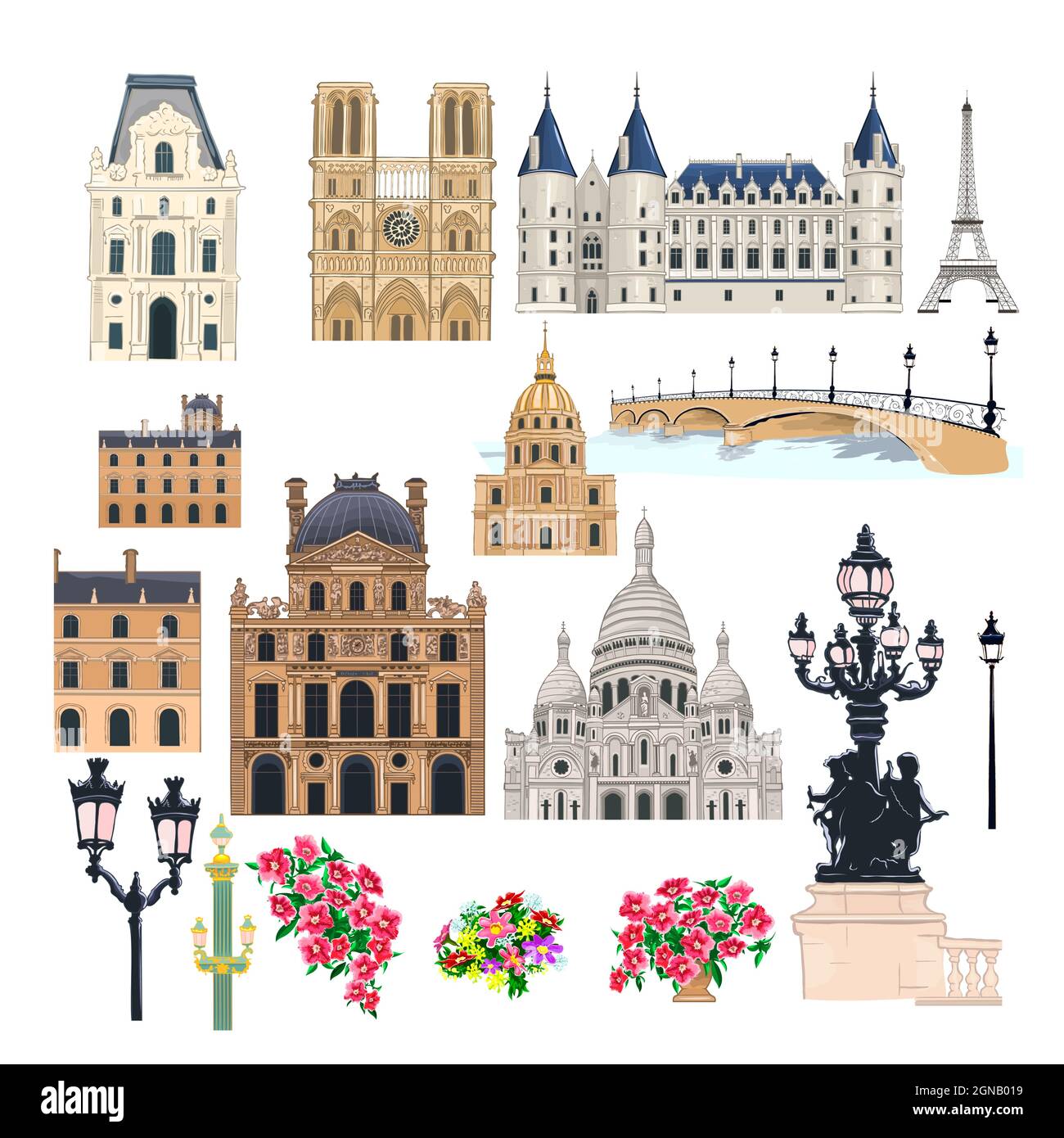 Set von verschiedenen schönen alten Gebäuden und architektonischen Strukturen von Paris. Paris und seine historischen Sehenswürdigkeiten. Stock Vektor