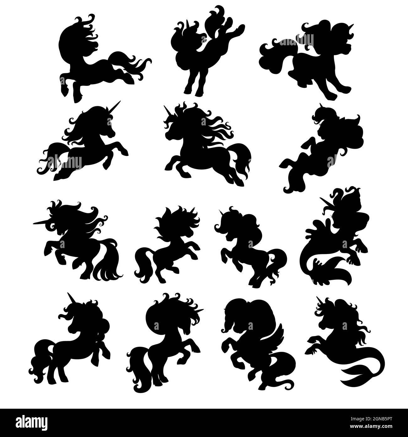 Set von niedlichen Cartoon Einhörner in Bewegung. Vorlage für die Darstellung von schwarzen Silhouetten auf weißem Hintergrund isoliert. Für Druck, Aufkleber, Design, Dishe Stock Vektor
