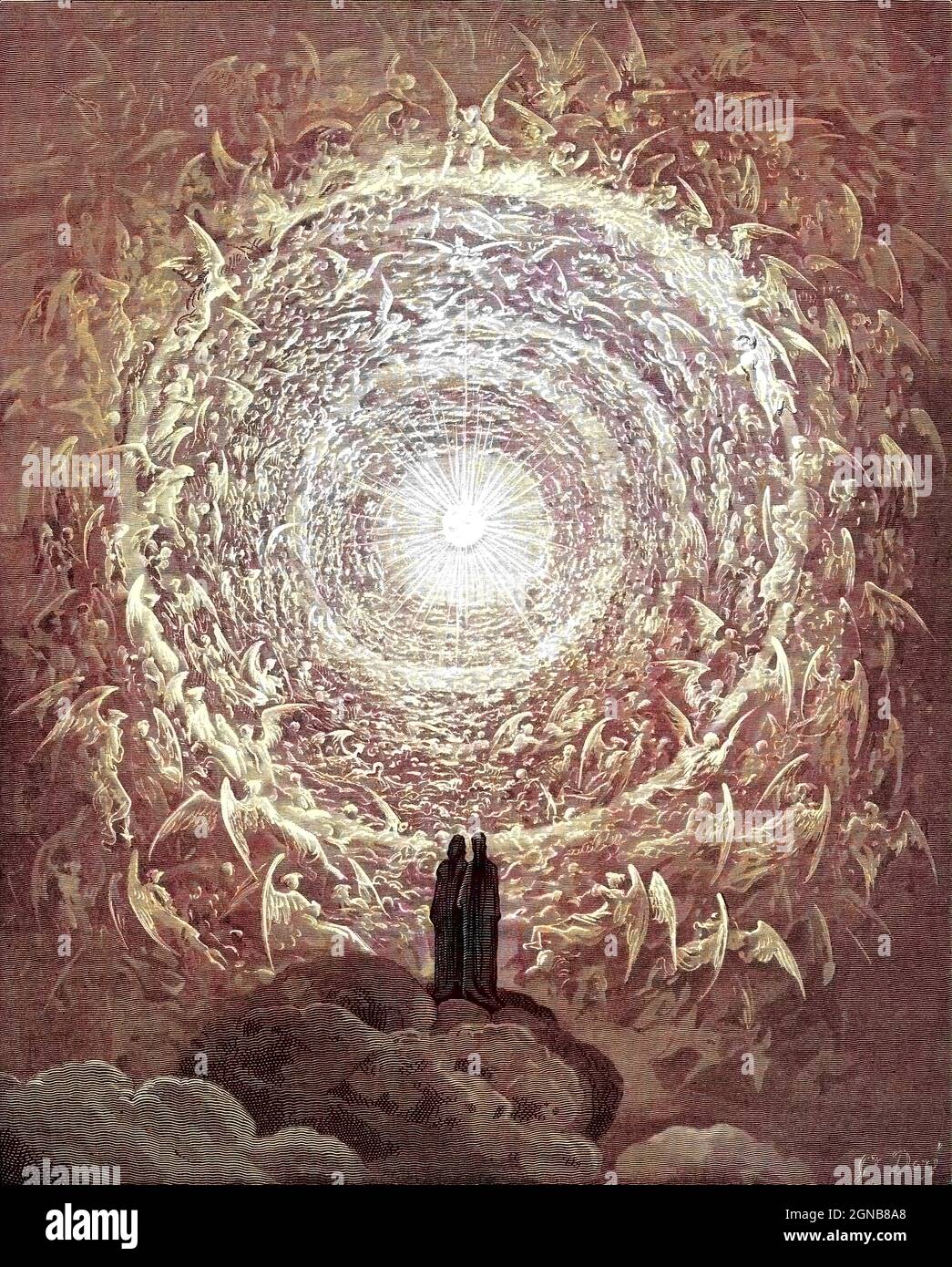 Machine Colorized Paradiso ('Paradies' oder 'Himmel') ist der dritte und letzte Teil von Dantes Göttlicher Komödie, der dem Inferno und dem Purgatorio folgt. Es ist eine Allegorie, die von der Reise Dantes durch den Himmel erzählt, geleitet von Beatrice, die Theologie symbolisiert. In dem Gedicht wird das Paradies als eine Reihe konzentrischer Sphären dargestellt, die die Erde umgeben, bestehend aus Mond, Merkur, Venus, Sonne, Mars, Jupiter, Saturn, die Fixed Stars, das Primum Mobile und schließlich der Empyrean. Es wurde im frühen 14. Jahrhundert geschrieben. Allegorisch stellt das Gedicht den Aufstieg der Seele zu Gott dar. Vom Göttlichen Stockfoto