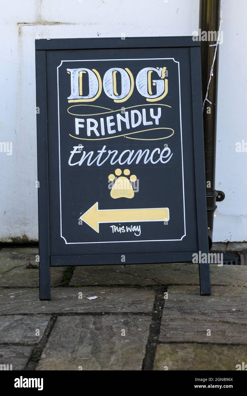 Ein Schild vor einem Pub oder öffentlichen Haus mit der Aufschrift „dog friendly entrance“, England, Großbritannien Stockfoto