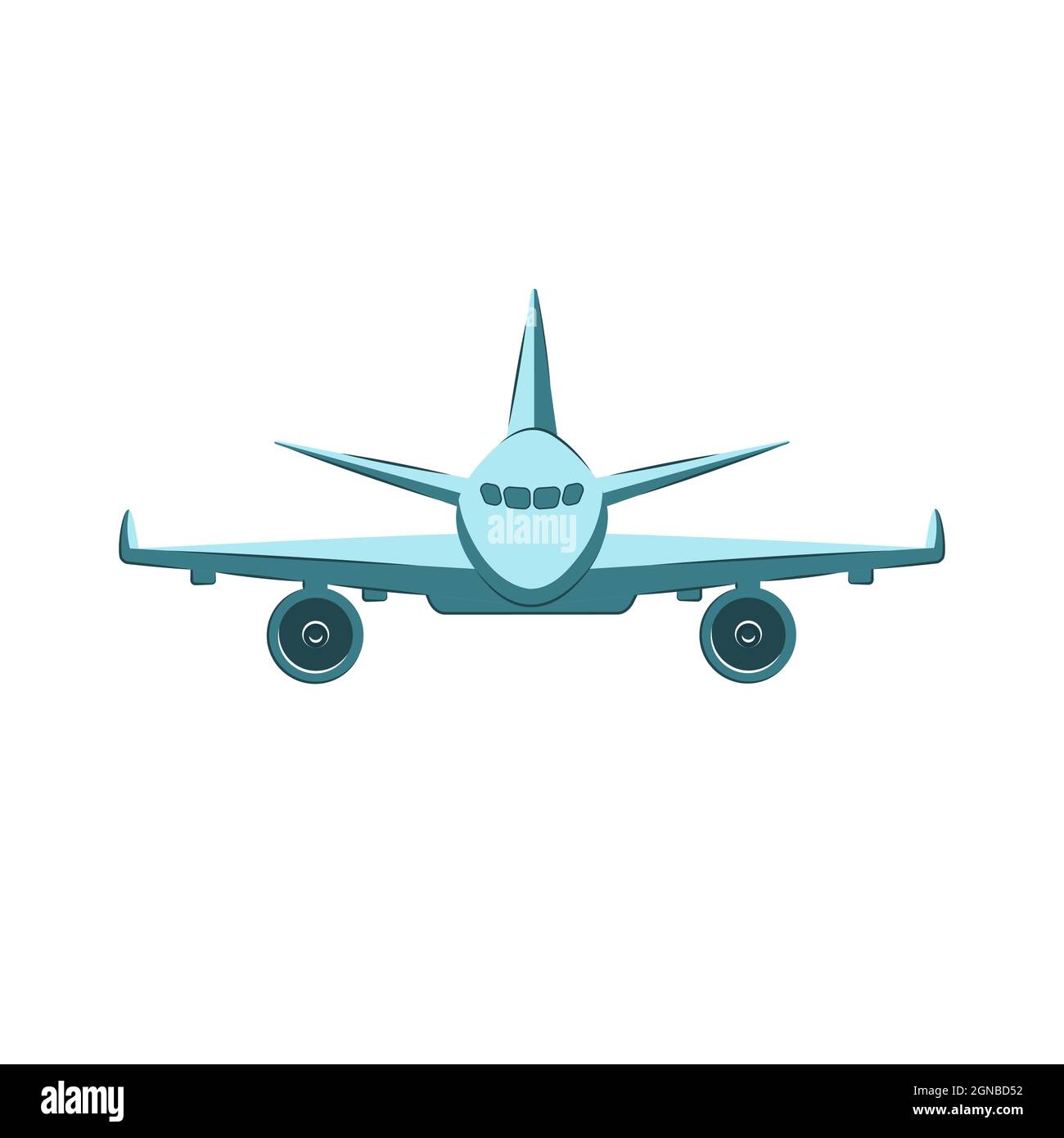 Flugzeug Vorderansicht Vektor flache Abbildung. Fliegendes Boeing-Flugzeug isoliert auf weißem Hintergrund. Stock Vektor