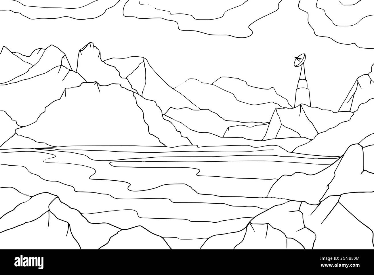 Doodle Alien Fantasy Landschaft mit großen Felsen Malvorlagen für Erwachsene. Fantastische psychedelische Grafik. Vektor von Hand gezeichnet einfach flach illustrat Stock Vektor