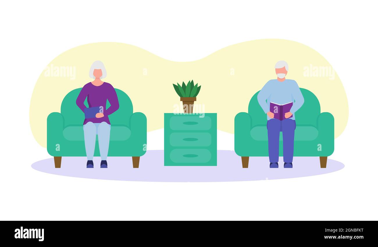 Ältere Menschen lesen zu Hause. Mini-Komposition. Alte Menschen zusammen, Großeltern lieben. Glücklicher alter Mann und alte Frau, die ein Buch auf einem Stuhl lesen Stock Vektor