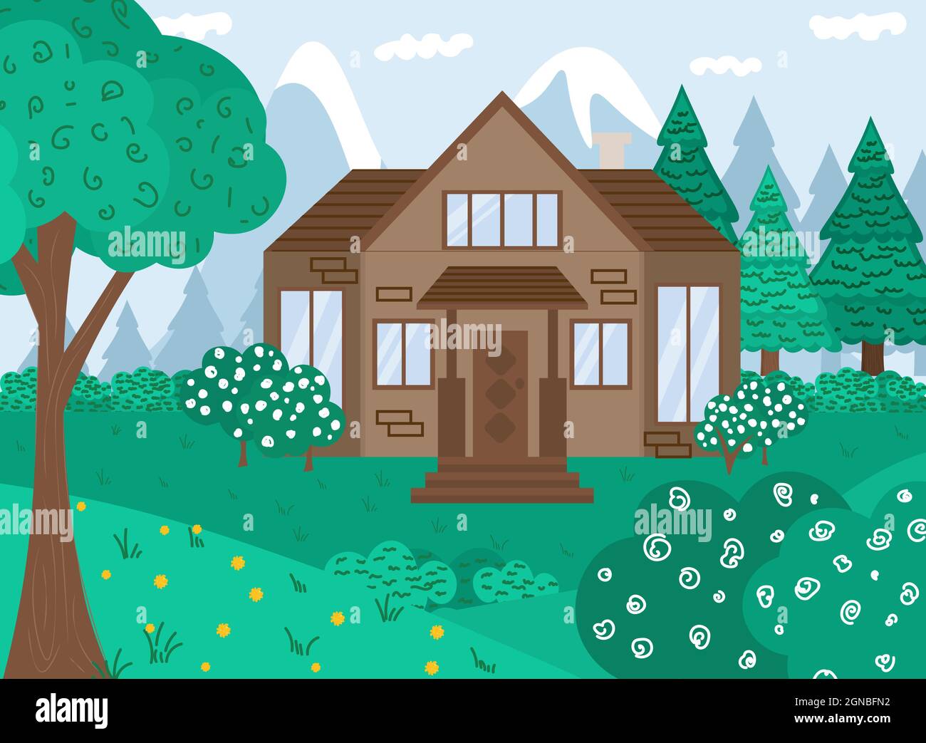 Vektorgrafik flach. Sommer Waldlandschaft mit Haus und Bäumen. Familie Vorstadthaus. Haus in einem Wald und Bergen auf einem blauen Himmel Stock Vektor