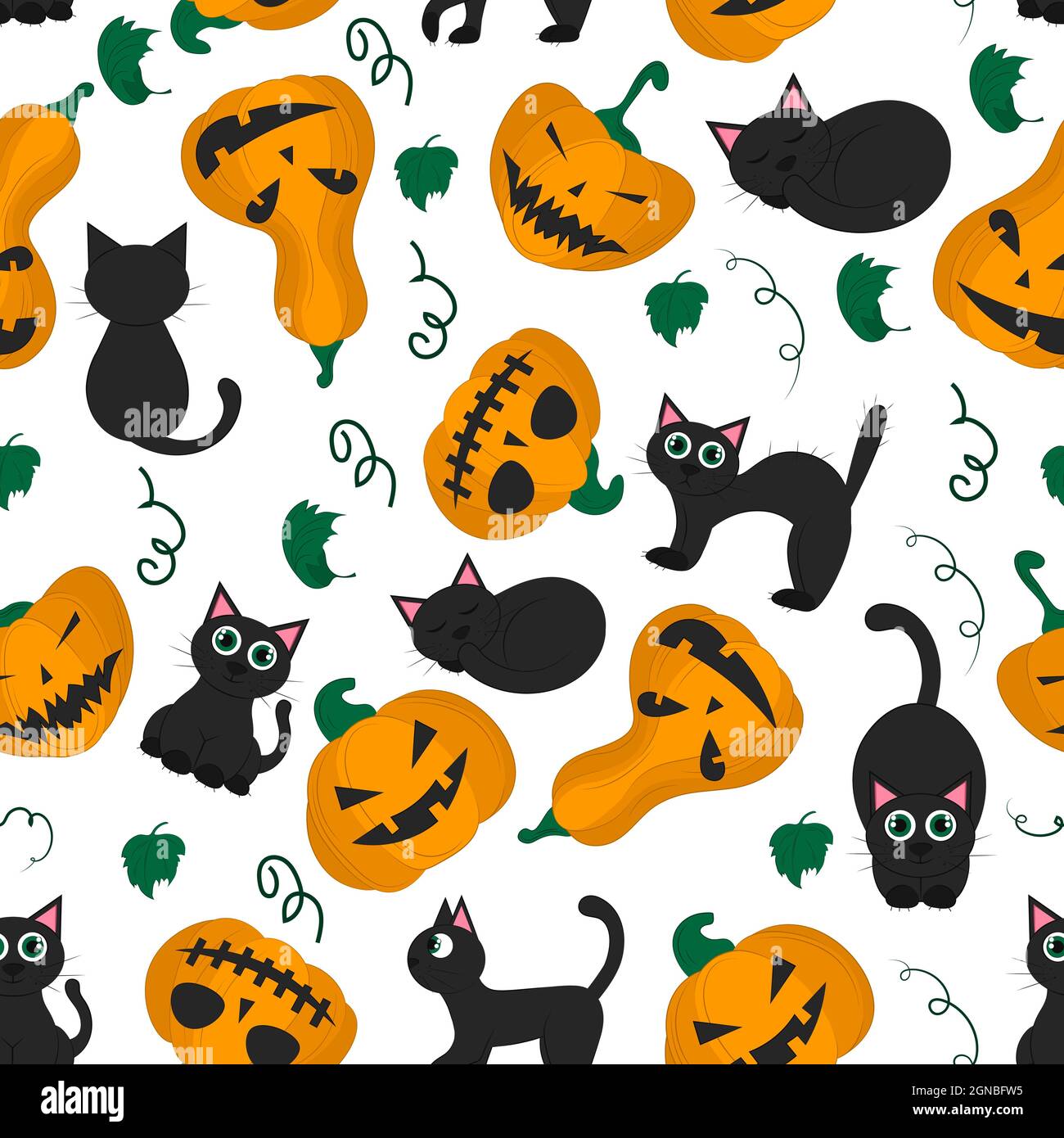 Nahtloses Muster Halloween Kürbis und schwarze Katze auf weißem Hintergrund. Vektor flache Illustration. Tapeten, Textilien, Banner-Design. Festliches Thema Stock Vektor