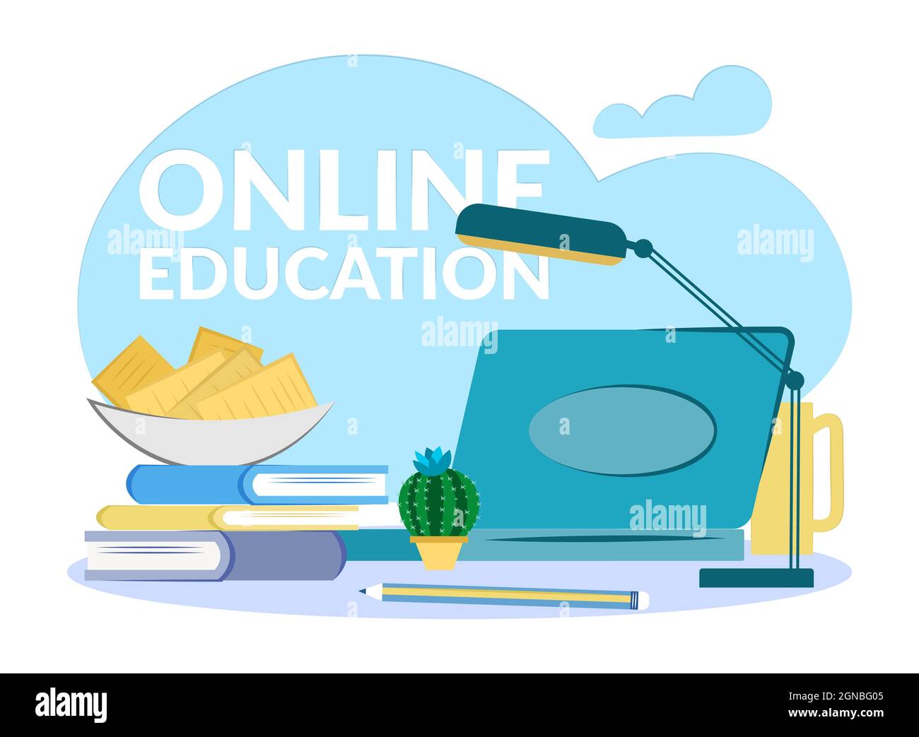 Web-Seminar zu Flat Composition Education. Online-Bildung im Internet.Öffnen Sie Laptop, Bücher, Bleistift, Äpfel in einem Teller, Lampe. Stock Vektor