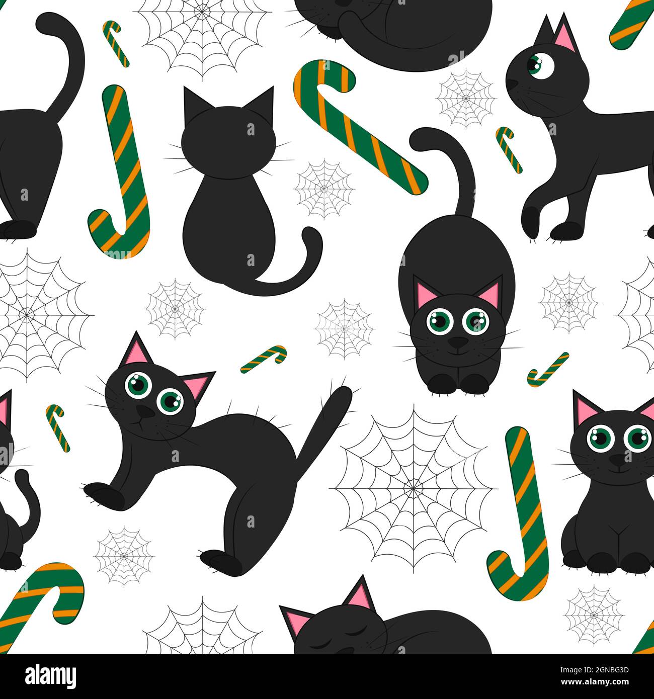 Nahtlose Muster Halloween schwarze Katze auf weißem Hintergrund. Vektor flache Illustration. Tapeten, Textilien, Banner-Design. Festliches Thema - mit Katze. Stock Vektor