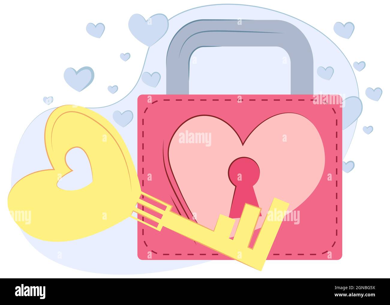 Valentin Tag Design Element.Lovers Schloss mit Schlüssel und Herzen. Flache Abbildung mit Schloss mit Herz und Schlüssel. Vektorgrafik. Stock Vektor