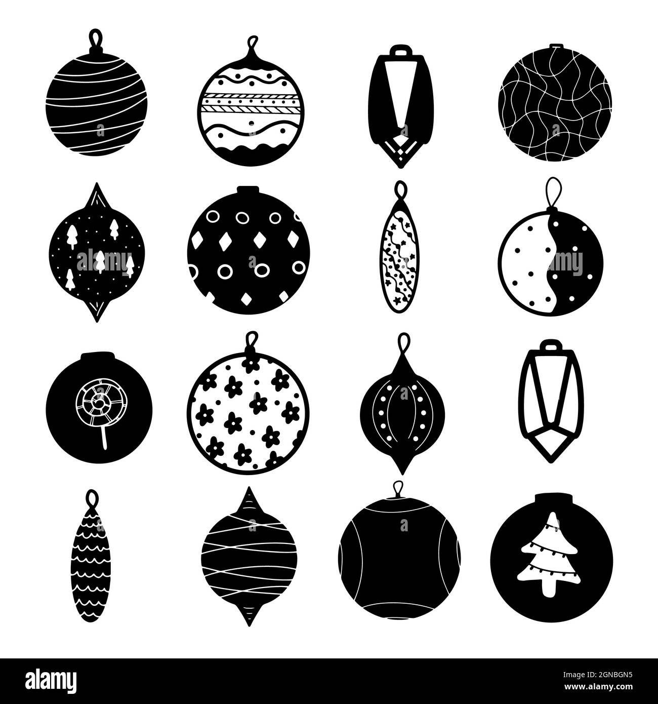 Weihnachten handgezeichnete schwarze Spielzeugkugel in weißem Hintergrund Illustration Design. Urlaub Grußkarte Dekoration Kugeln mit Blume Tannenbaum Schnee Kegel Stockfoto