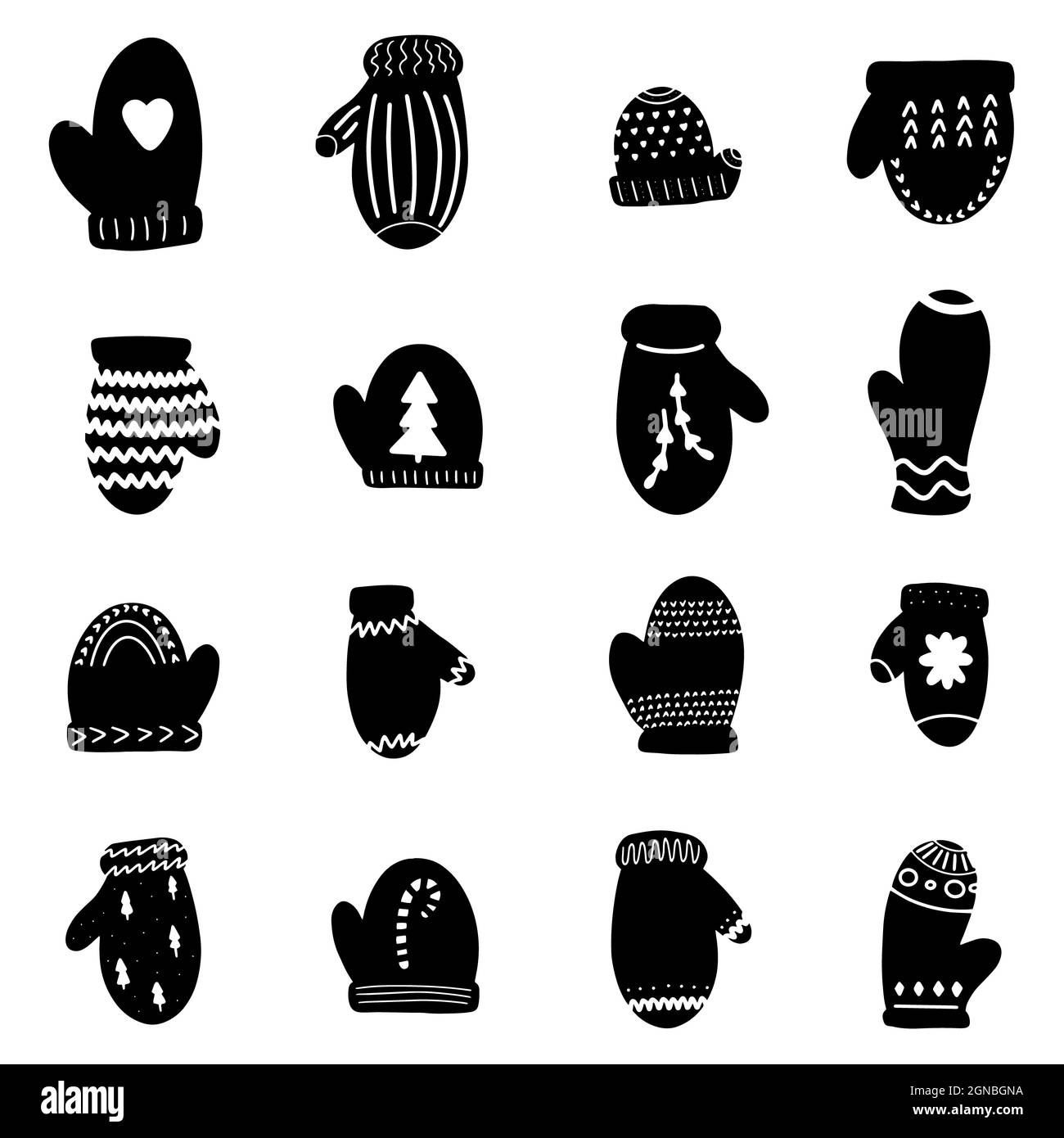 Fäustlinge Handschuh Weihnachten handgezeichnete schwarze Designelemente Illustration. Kalligraphie Urlaub Neujahr Ikonen setzen Winterpflanze Eve Tannenbaum Herz Stern Kunst Stockfoto