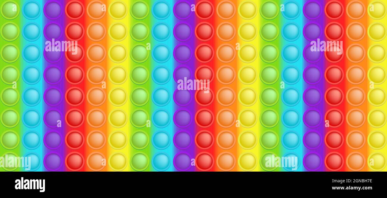 POPIT farbenfroher Regenbogen-Hintergrund wie ein modisches Silikon-Spielzeug für Fidgets. Süchtig Anti-Stress-Blase Pop es Spielzeug in hellen Farben. Vektor illustrr Stock Vektor