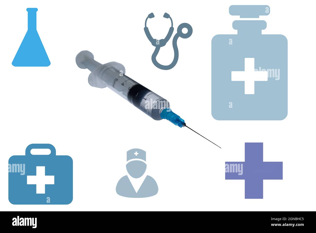 Spritze mit grafischen Symbolen für das Gesundheitswesen Stockfoto