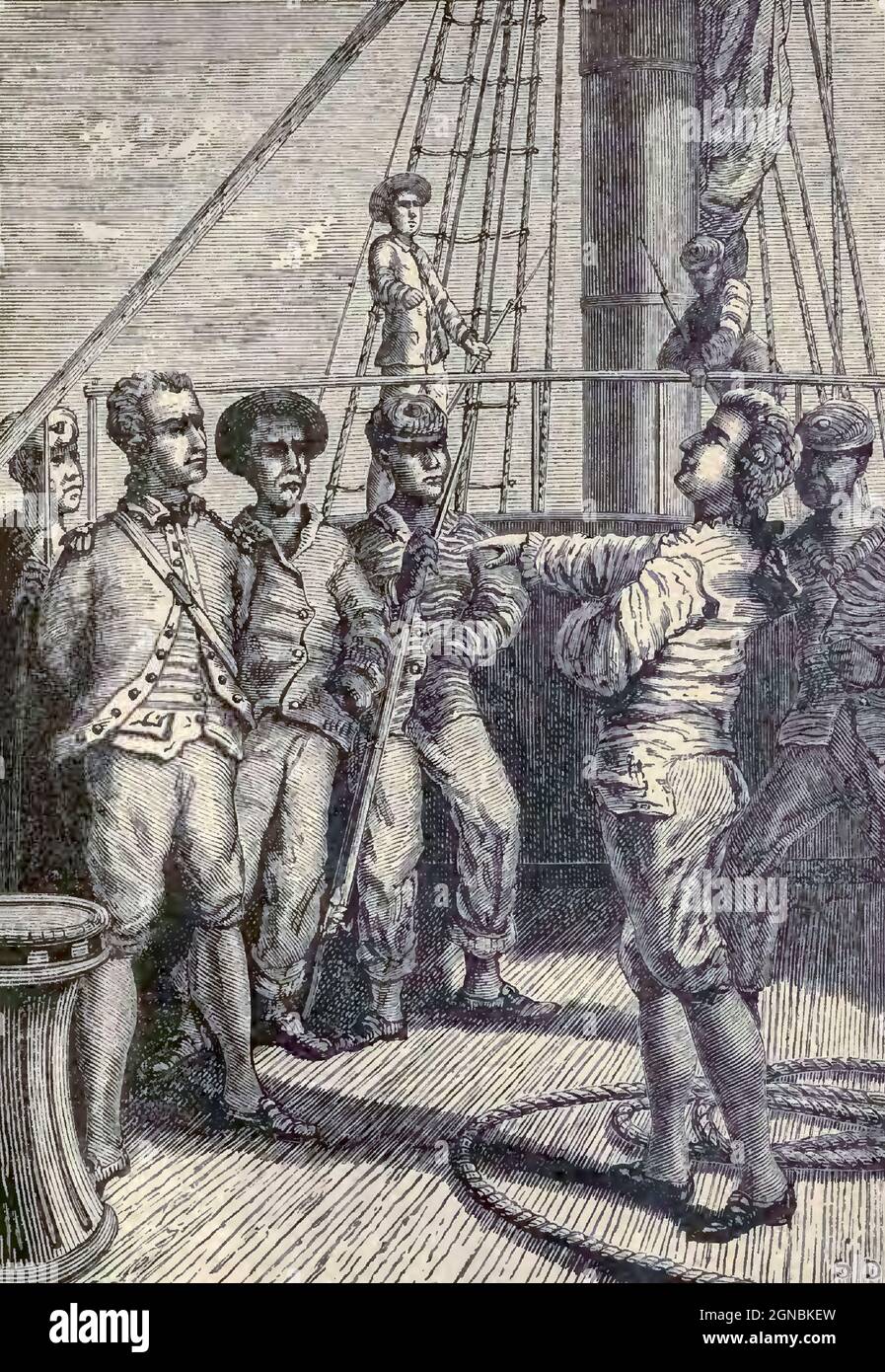 Kapitän Bligh in der Macht der Meuterer. HMS Bounty, auch bekannt als HM Armed Vessel Bounty, war ein kleines Handelsschiff, das die Royal Navy 1787 für eine botanische Mission kaufte. Das Schiff wurde unter dem Kommando von William Bligh in den Südpazifik geschickt, um Brotfruchtpflanzen zu erwerben und nach Westindien zu transportieren. Diese Mission wurde aufgrund einer Meuterei von 1789, die von dem amtierenden Leutnant Fletcher Christian angeführt wurde, nicht abgeschlossen, ein Vorfall, der heute im Volksmund als Meuterei auf der Bounty bekannt ist. Die Meuterer verbrannten Bounty später, als sie auf Pitcairn Island vor Anker lag. Stockfoto