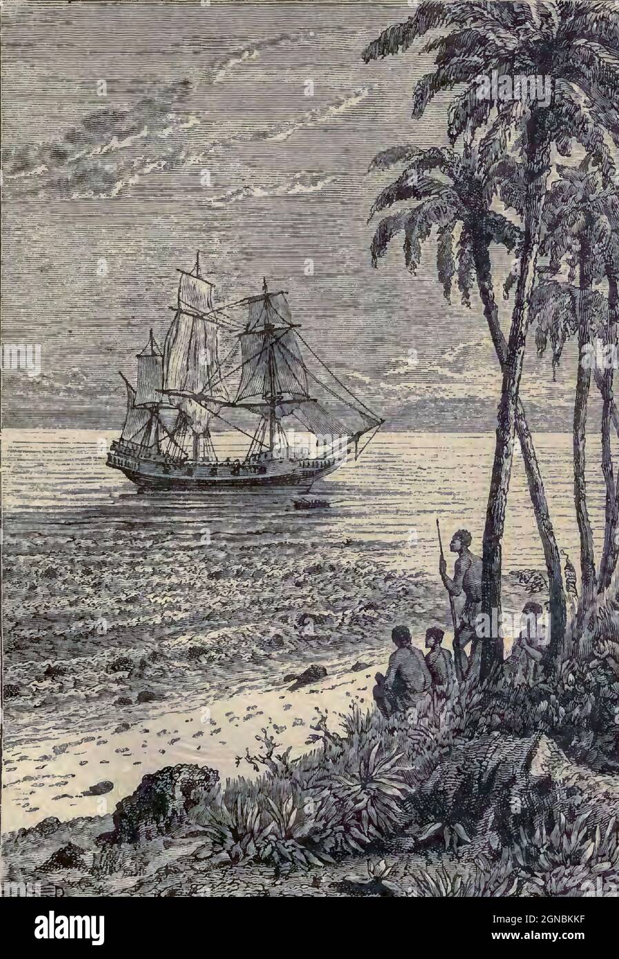 Die Bounty nähert sich der Küste HMS Bounty, auch bekannt als HM Armed Vessel Bounty, war ein kleines Handelsschiff, das die Royal Navy 1787 für eine botanische Mission kaufte. Das Schiff wurde unter dem Kommando von William Bligh in den Südpazifik geschickt, um Brotfruchtpflanzen zu erwerben und nach Westindien zu transportieren. Diese Mission wurde aufgrund einer Meuterei von 1789, die von dem amtierenden Leutnant Fletcher Christian angeführt wurde, nicht abgeschlossen, ein Vorfall, der heute im Volksmund als Meuterei auf der Bounty bekannt ist. Die Meuterer verbrannten Bounty später, als sie auf Pitcairn Island vor Anker lag. Stockfoto