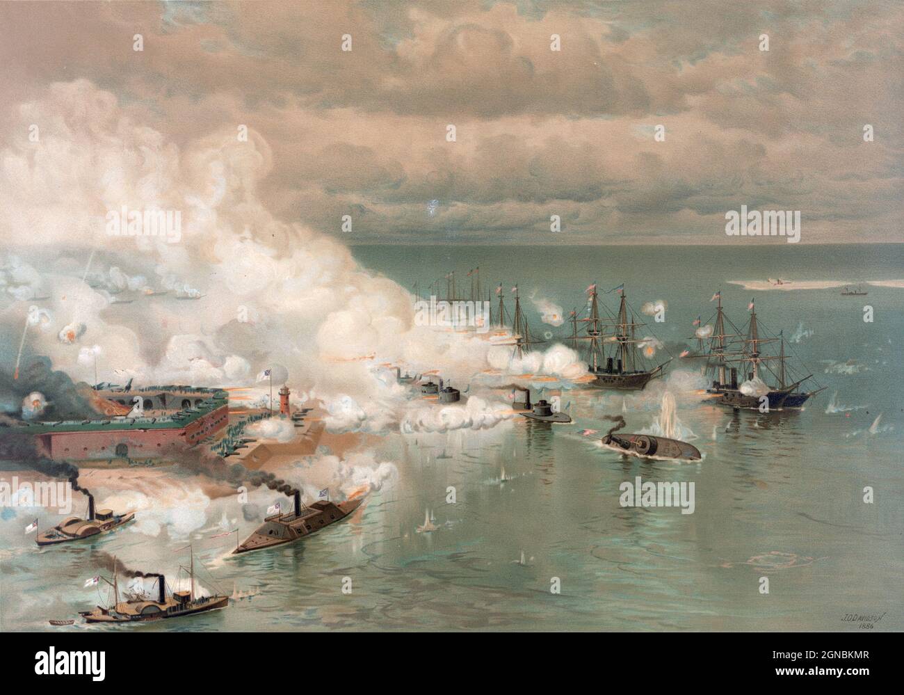 Schlacht von Mobile Bay, von Louis Prang. Im Vordergrund links die CSS Tennessee; rechts die USN Tecumseh sinkt. Stockfoto