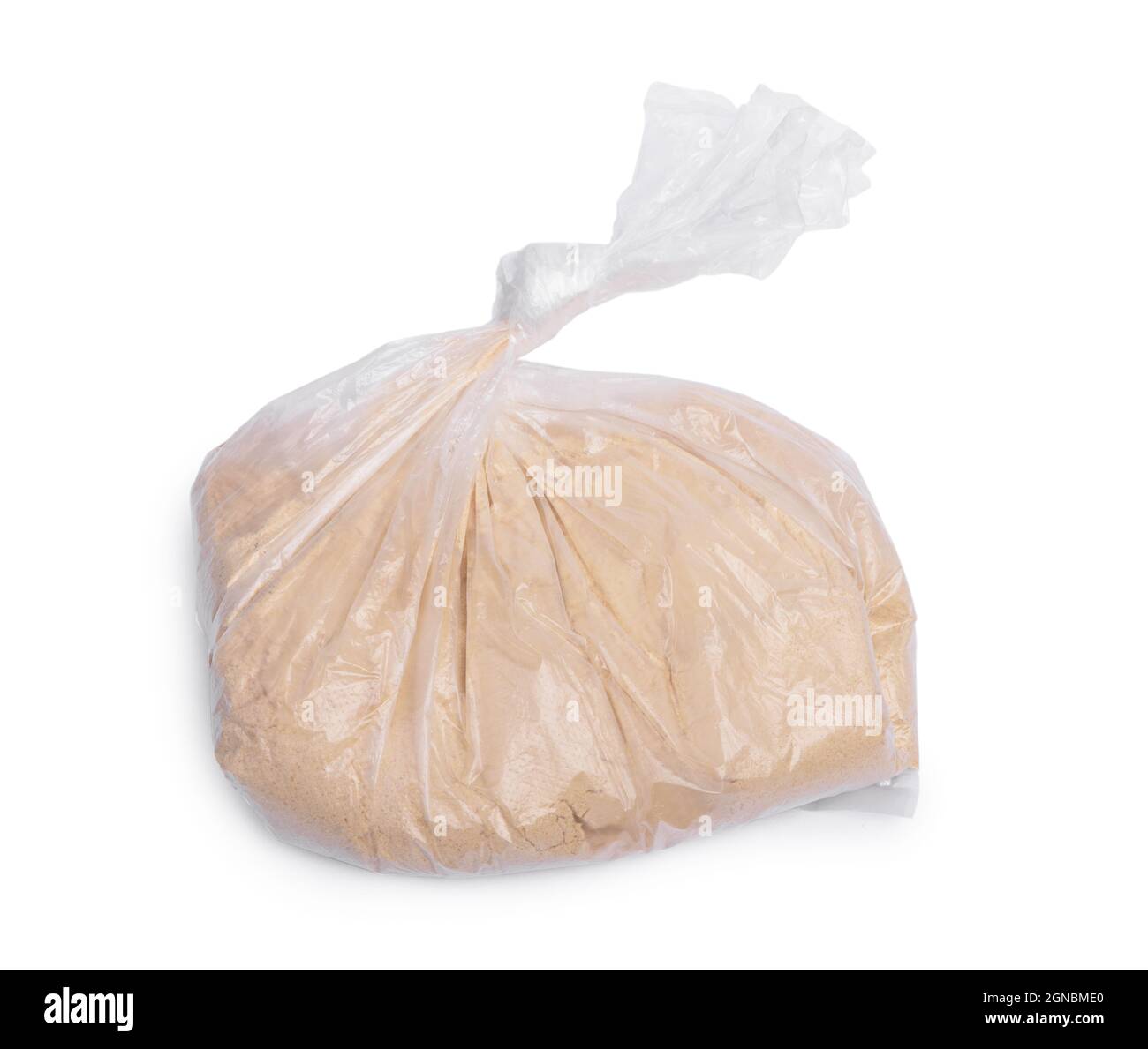 Transparente Plastiktüte mit Puder isoliert auf weißem Hintergrund Stockfoto