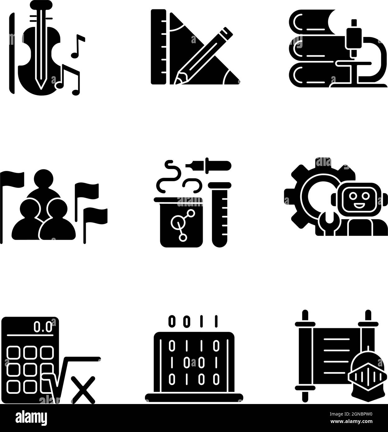 Verschiedene Arten von Schulfächern schwarze Glyphen Symbole auf weißen Raum gesetzt Stock Vektor