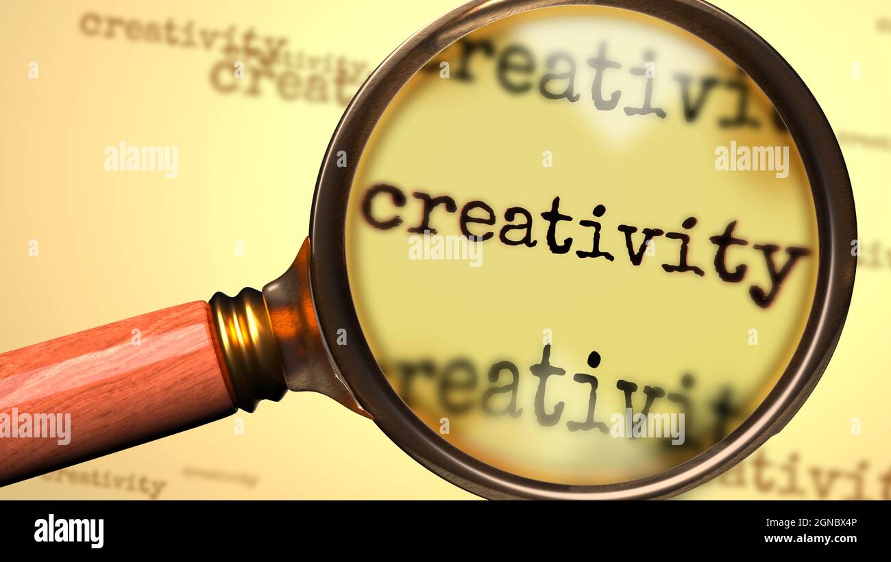 Kreativität und ein Vergrößerungsglas auf Englisch Wort Kreativität zu symbolisieren Studium, Untersuchung oder die Suche nach einer Erklärung und Antworten im Zusammenhang mit einem Stockfoto