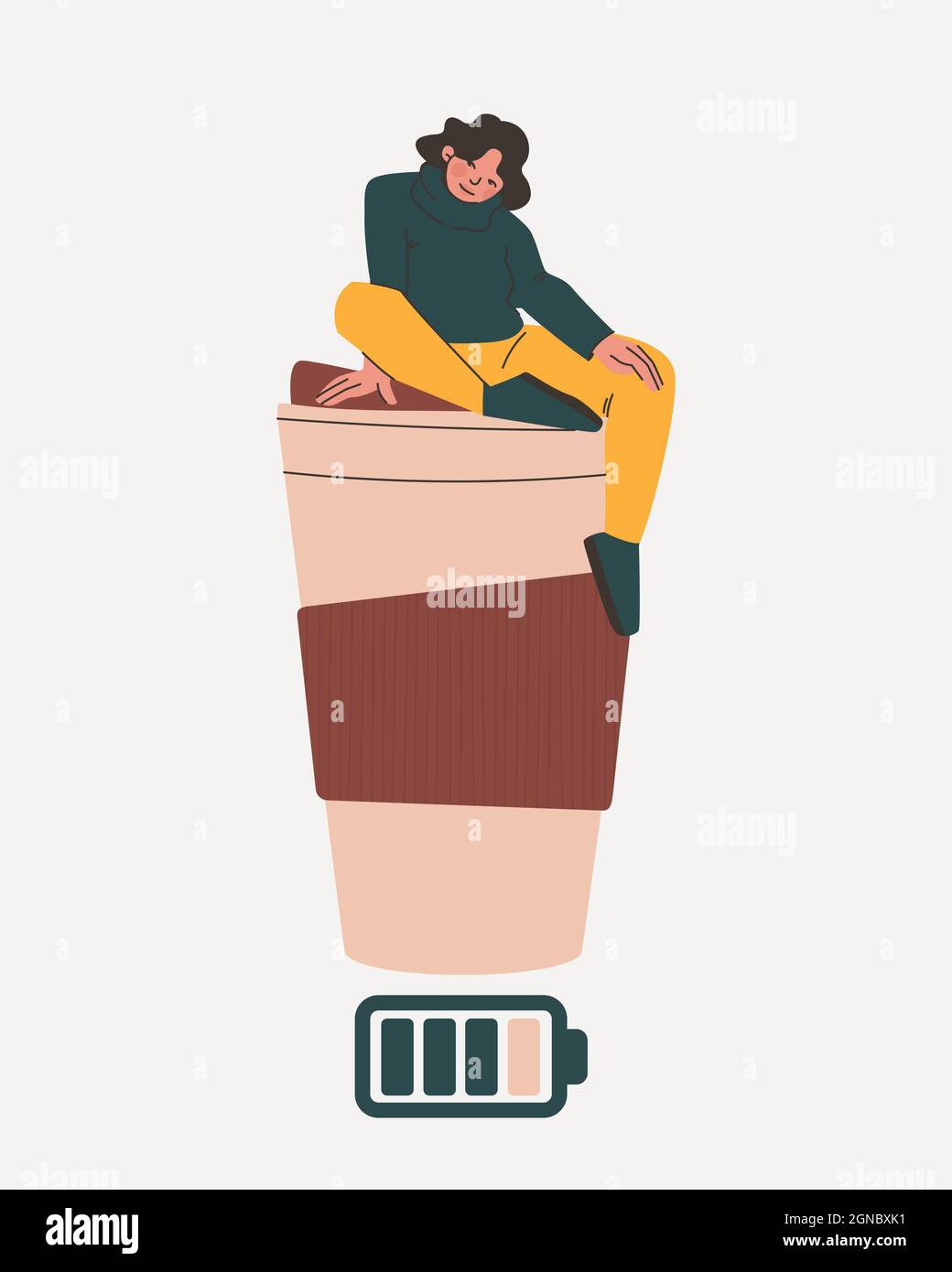 Frau sitzt auf einem großen Glas Kaffee. Symbol für Akkuladung als Symbol für Energy Drink. Stock Vektor