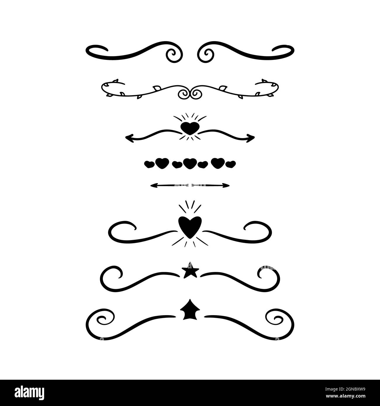 Handgezeichnete Trennwände umrandung schwarze Liniendarstellung. Abstrakter Lorbeer-Stern auf weißem Hintergrund, Textbegrenzer florales Herz-Element. Kalligrafie-Kunst Stockfoto