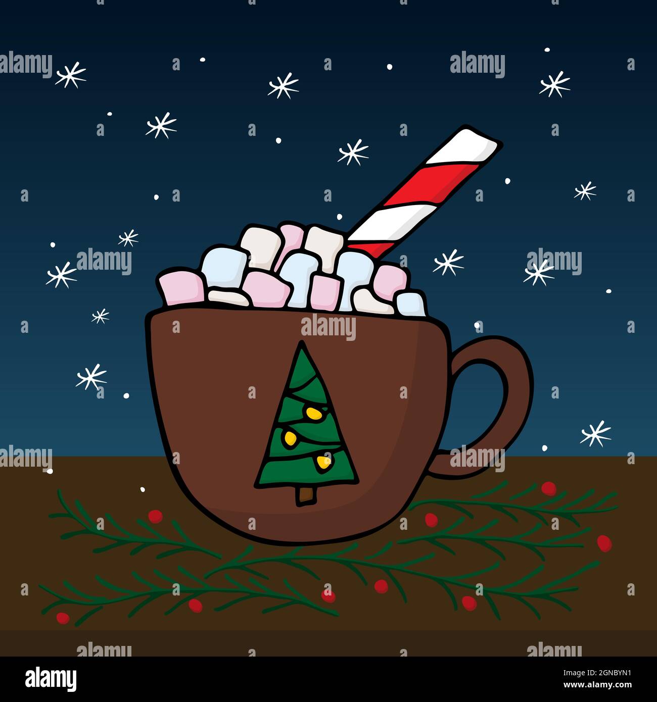 Handgezeichnete Tasse Kakao und Salzwiesen. Vektordarstellung im Doodle-Stil. Gestaltungselement für Postkarten, Einladungen oder andere Grafik- und Webdesign. Stock Vektor