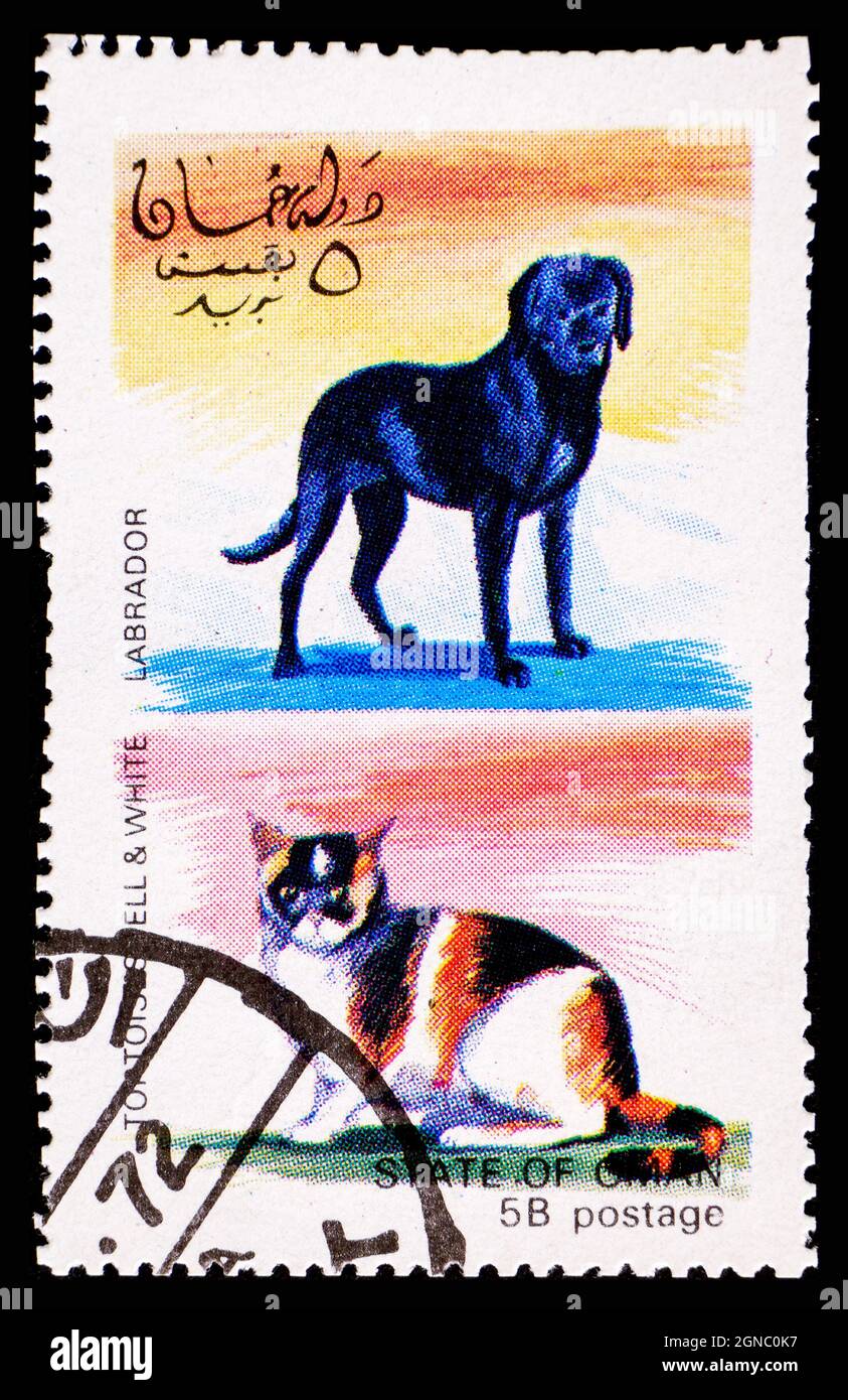 OMAN - UM 1972: Eine Briefmarke aus dem Oman mit Tortoiseshell und weißer Katze und Labrador-Hund Stockfoto