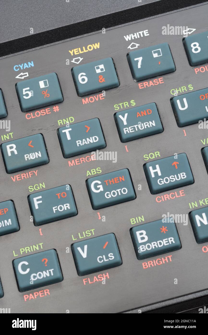 Nahaufnahme der Sinclair ZX Spectrum Tastatur. Konzentrieren Sie sich auf die einfachen Befehlstasten im mittleren Rahmen. Klassischer 8-Bit-Heimcomputer aus den 1980er Jahren (siehe Hinweise). Stockfoto