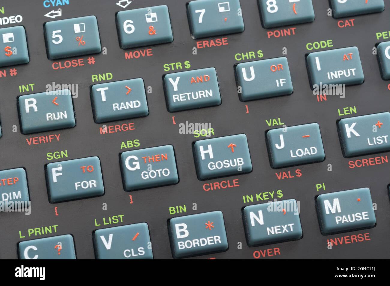 1982 Sinclair ZX Spectrum Tastatur mit GRUNDLEGENDEN Programmiertasten, die auf dem traditionellen Qwerty-Tastenlayout überlagert sind. Siehe Hinweise. Stockfoto