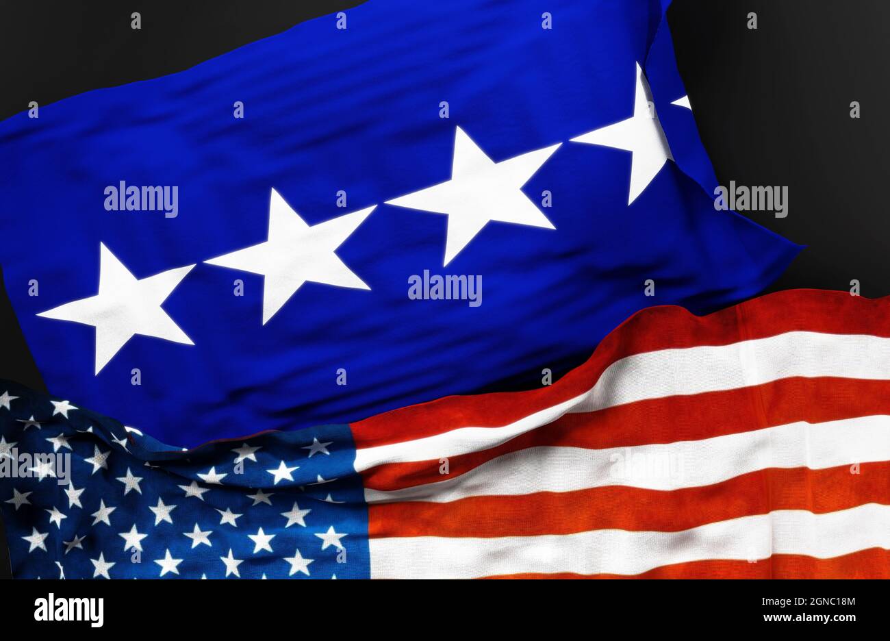 Flagge eines Generals der US-Luftwaffe zusammen mit einer Flagge der Vereinigten Staaten von Amerika als Symbol der Einheit zwischen ihnen, 3d-Illustration Stockfoto
