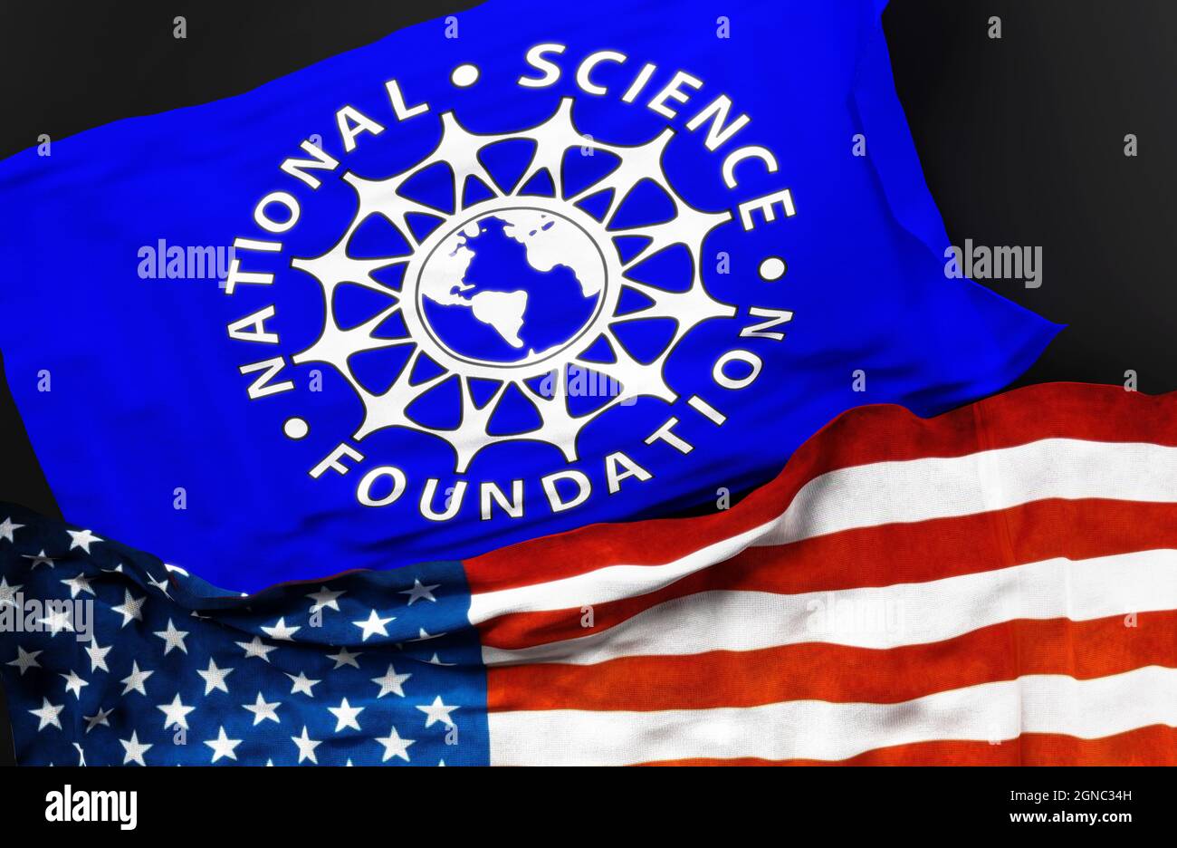 Flagge der National Science Foundation zusammen mit einer Flagge der Vereinigten Staaten von Amerika als Symbol für eine Verbindung zwischen ihnen, 3d-Illustration Stockfoto