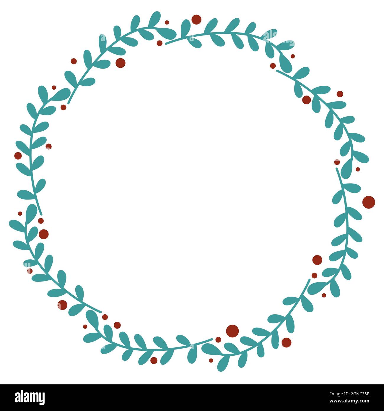 Neujahrskranz mit Blättern und Beeren Vektorgrafik. Runder botanischer Rahmen. Kreisförmige Randschablone für Grußkarten oder Karten, Handzeichnung. Stock Vektor