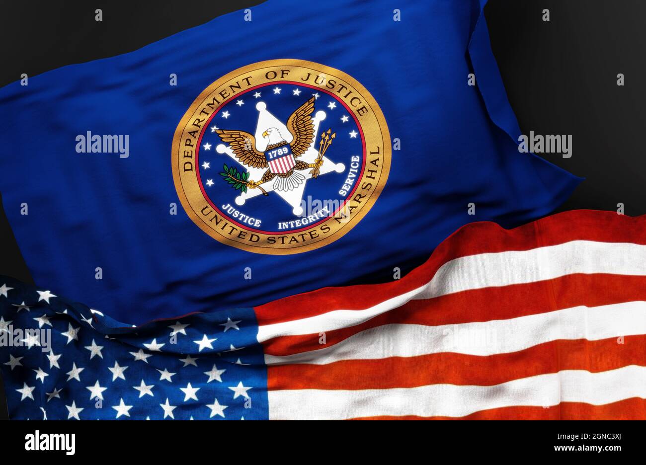Flagge des Marschalldienstes der Vereinigten Staaten zusammen mit einer Flagge der Vereinigten Staaten von Amerika als Symbol für eine Verbindung zwischen ihnen, 3d-Illustration Stockfoto