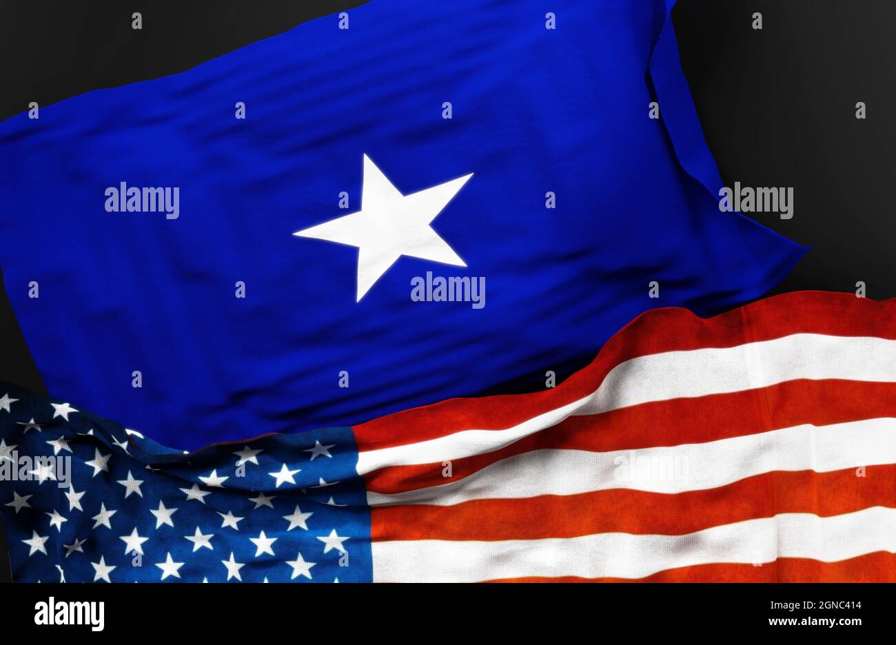 Die Flagge eines Generals der Luftwaffe der Vereinigten Staaten zusammen mit einer Flagge der Vereinigten Staaten von Amerika als Symbol der Einheit zwischen ihnen, 3d-Illustrationen Stockfoto