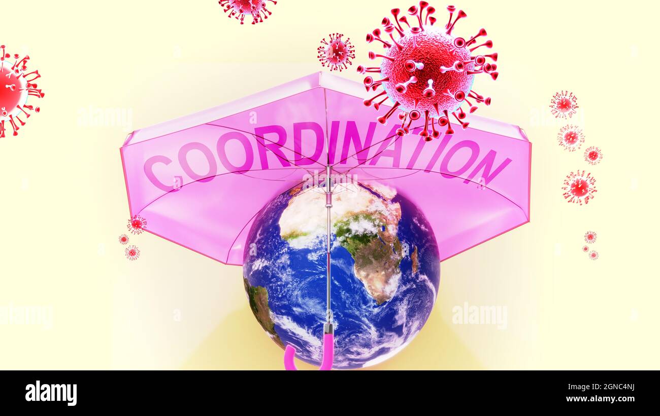 Covid-Koordination - Corona-Virus, der die Erde angreift und von einem Regenschirm mit englischer Wortkoordination als Symbol eines menschlichen Kampfes mit CO geschützt wird Stockfoto