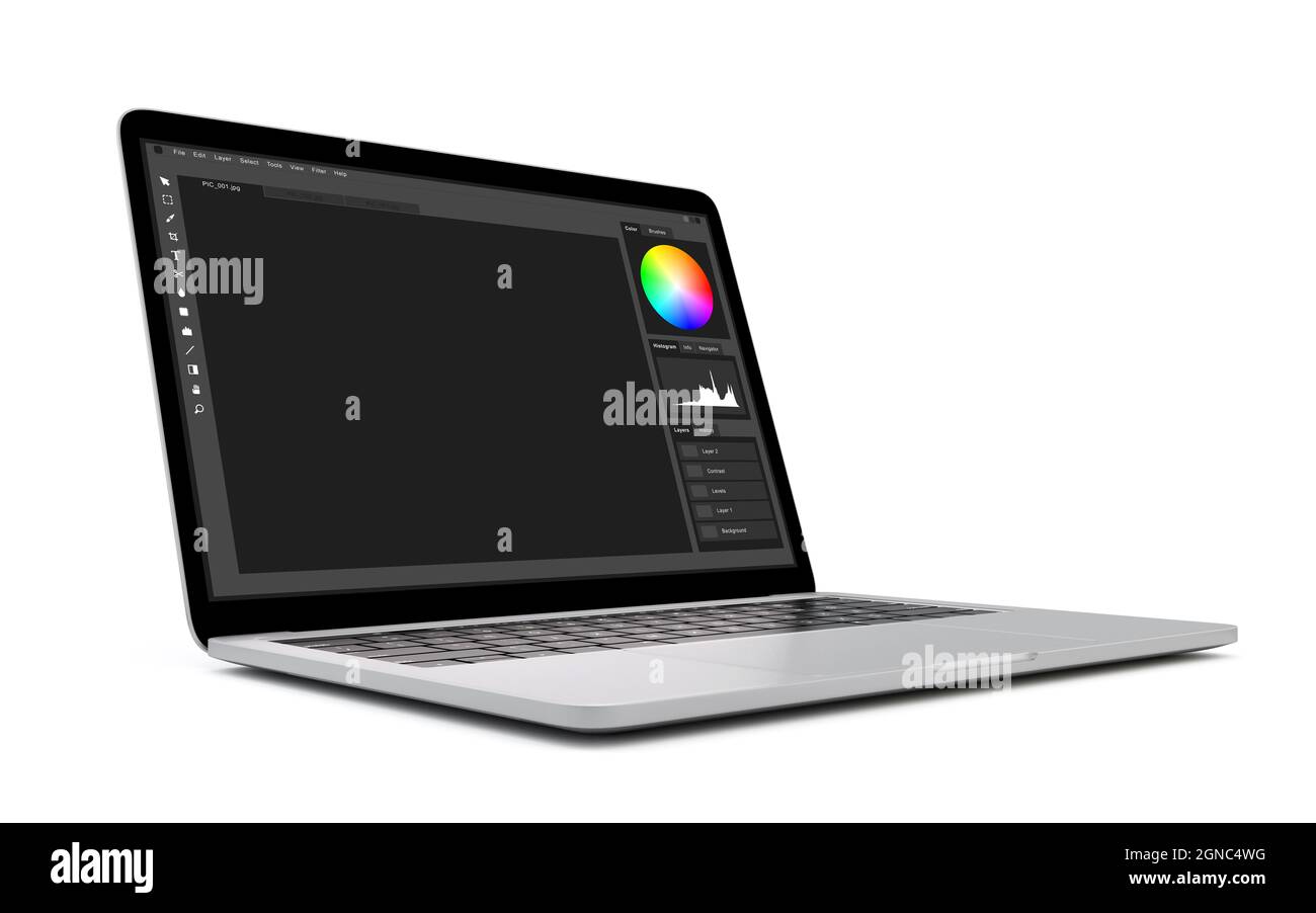 Laptop-Computer mit Bildbearbeitungssoftware Vorlage auf dem Bildschirm. Isoliert auf weißem Hintergrund Stockfoto