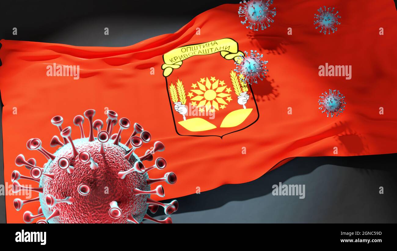 Covid in der Gemeinde Krivogastani Nord-Mazedonien - Coronavirus und Flagge der Gemeinde Krivogastani Nord-Mazedonien als Symbol der Pandemie in der Region Stockfoto
