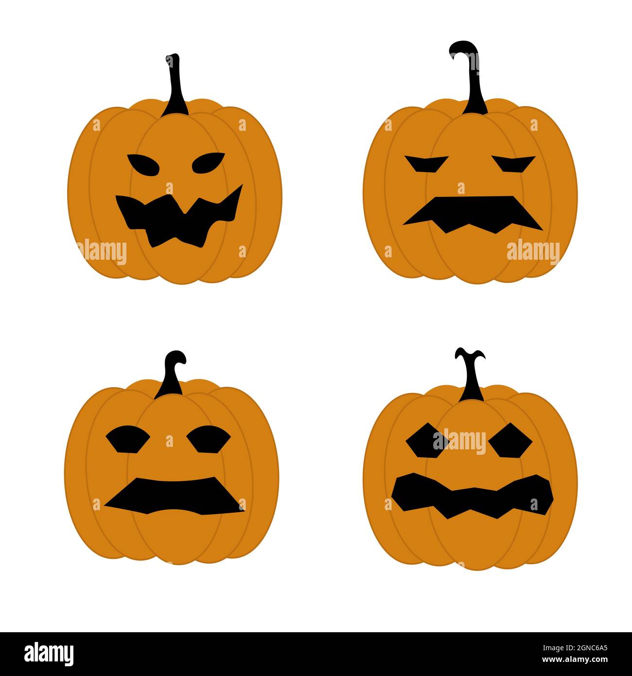 Set von Kürbissen mit gruseligen Gesichtern. Halloween-Urlaub. Für die Gestaltung von Karten, Bannern oder Flyern. Flache Abbildung. Stock Vektor