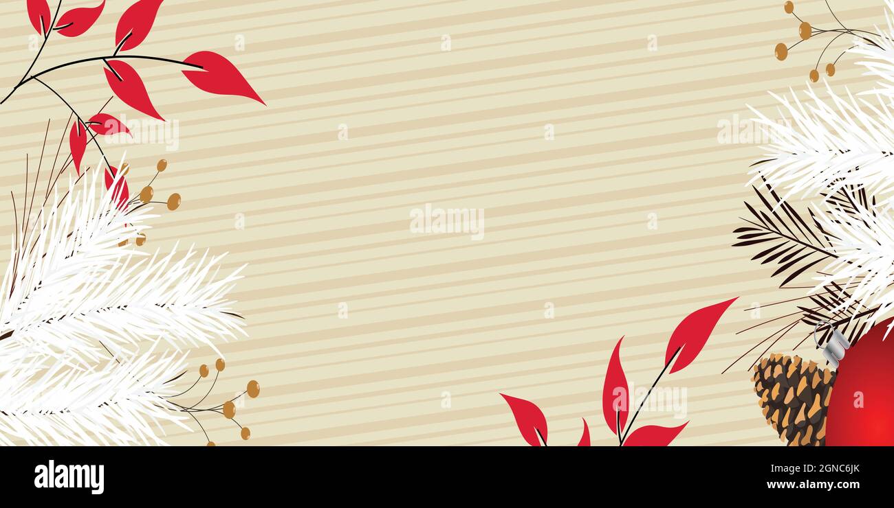 Weihnachtsbanner mit roter Kugel und weißen Tannenzweigen mit Platz für Text. Stockfoto