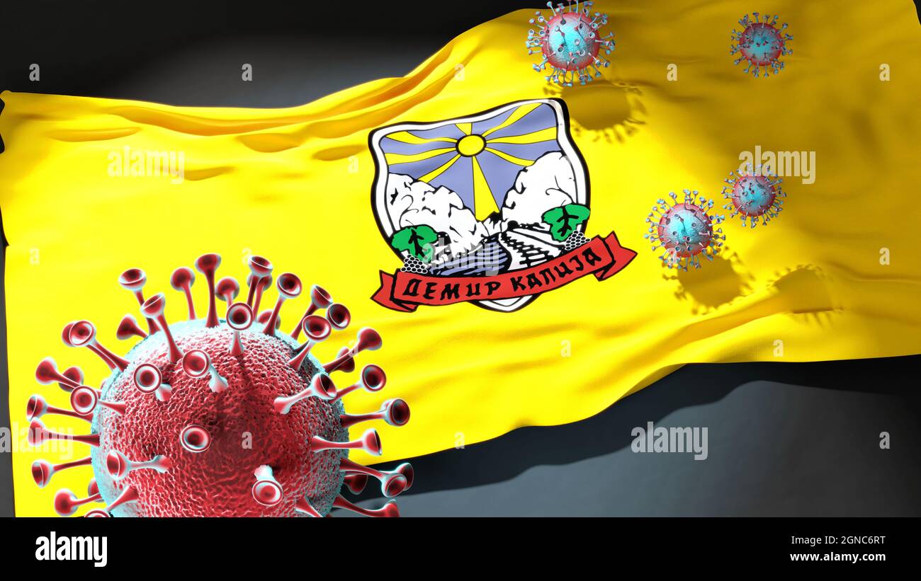 Covid in der Gemeinde Demir Kapija Nord-Mazedonien - Coronavirus und Flagge der Gemeinde Demir Kapija Nord-Mazedonien als Symbol der Pandemie in der Region Stockfoto