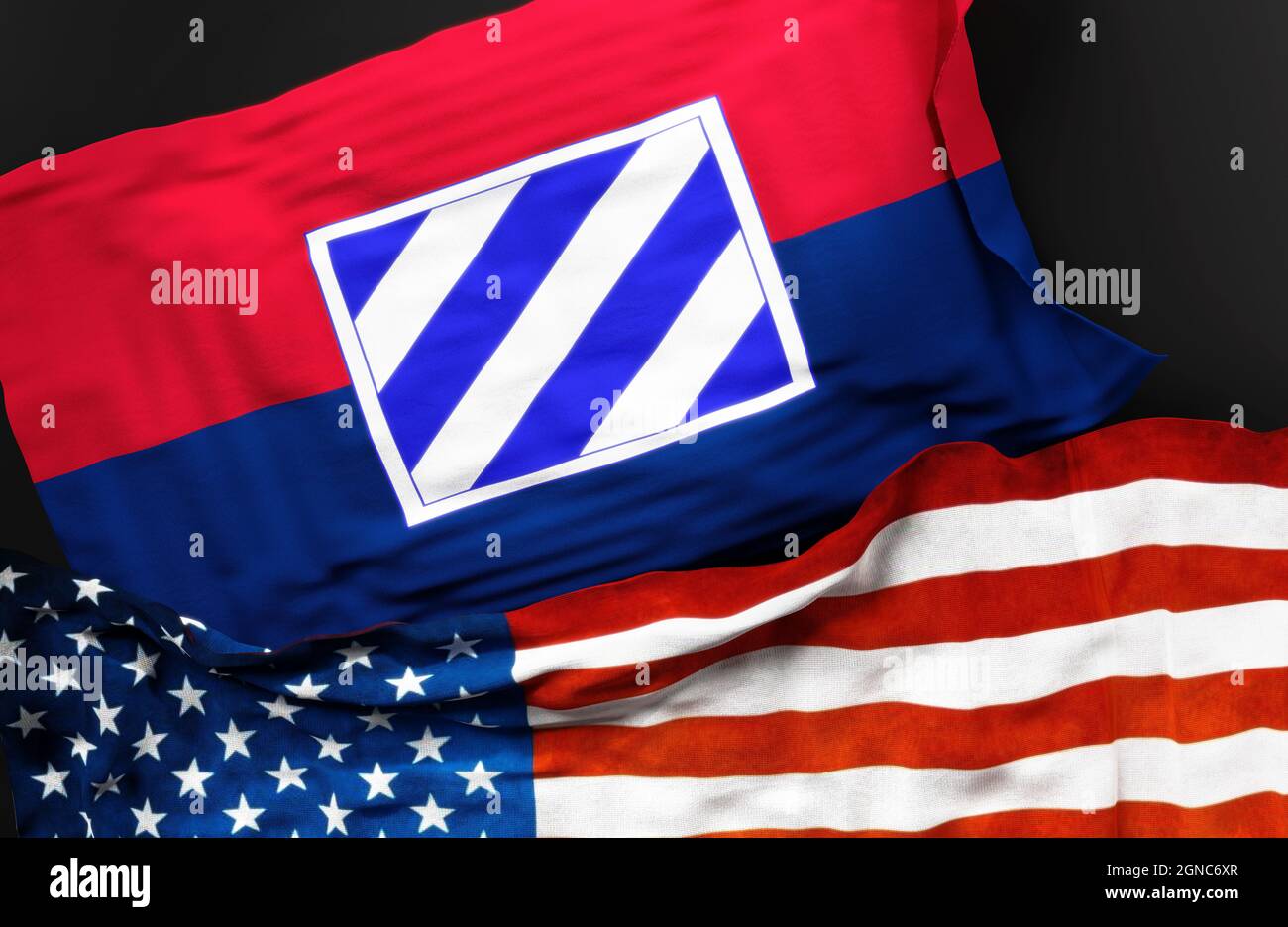 Flagge der U.S. Army 3rd Infantry Division zusammen mit einer Flagge der Vereinigten Staaten von Amerika als Symbol einer Verbindung zwischen ihnen, 3d-Illustration Stockfoto