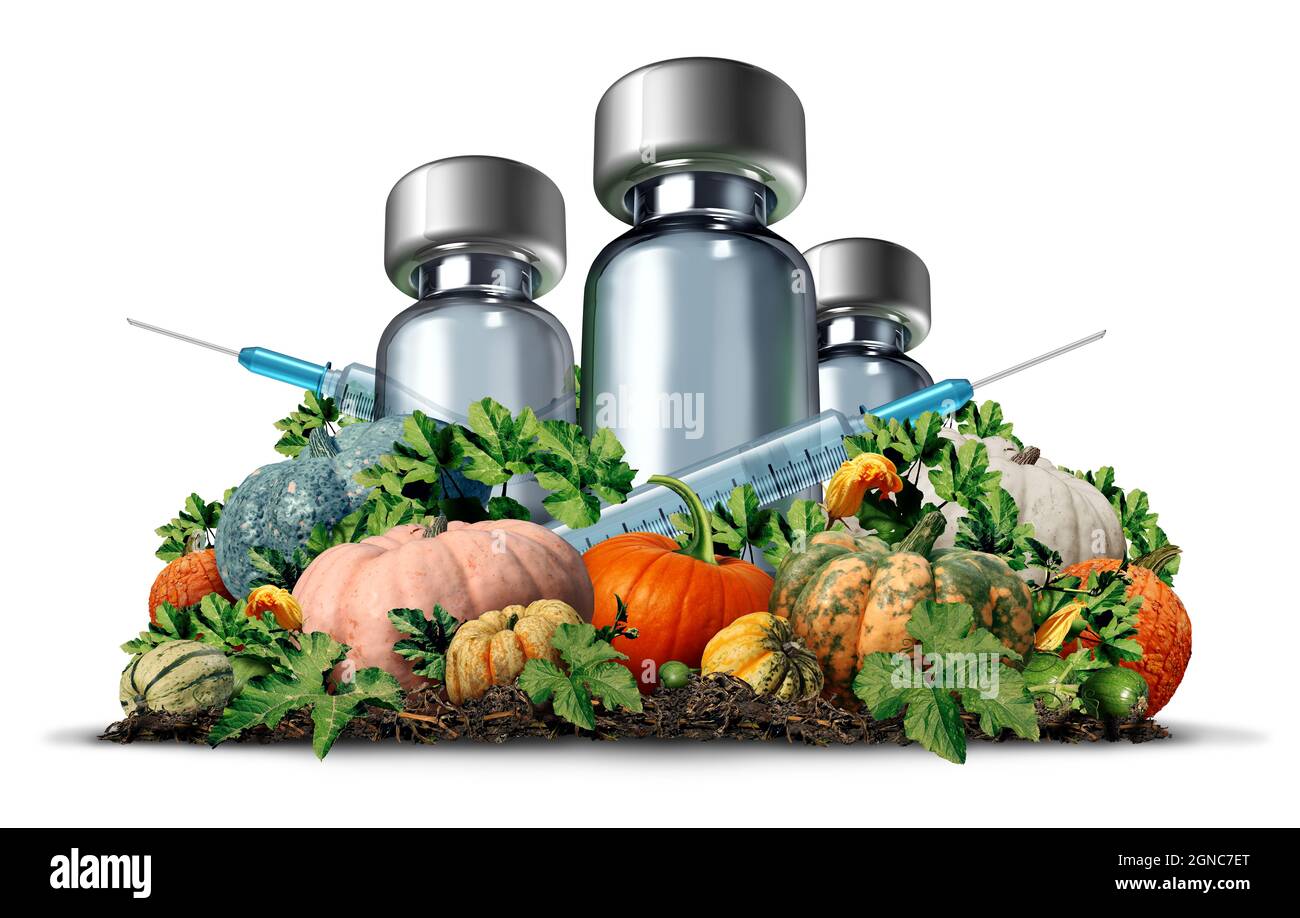 Thanksgiving- und Virusimpfungen und Herbstkrankheitsprävention als Gesundheitssymbol mit Impfdosen und medizinischer Ausrüstung als Herbstsaison. Stockfoto