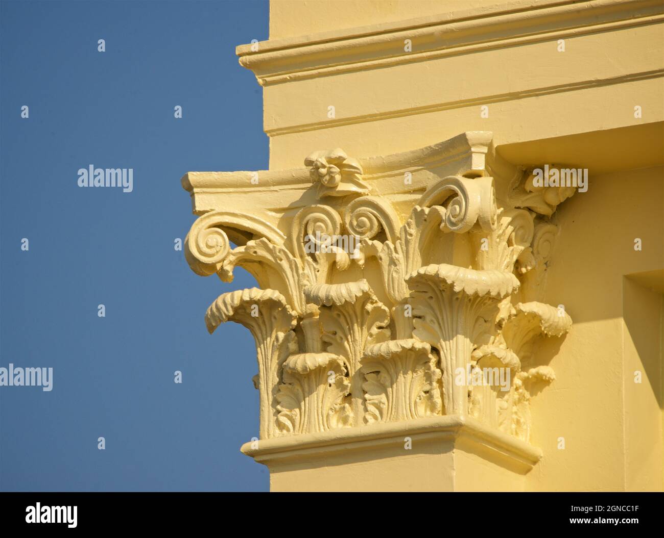 Detail der korinthischen Säulenhauptstadt des Eckhauses auf dem Brunswick Square und der Terrasse. Teil eines Komplexes eleganter Regency-Häuser in Hove an der Küste von Brighton und Hove. East Sussex England UKDetail der Akanthus Blätter auf der Hauptstadt der neoklassischen korinthischen Säulen. Regency-Architektur, die am Ende des Tages von goldenem Sonnenlicht beleuchtet wird. Elegante georgianische Häuser am Brunswick Square, Hove East Sussex, England Stockfoto