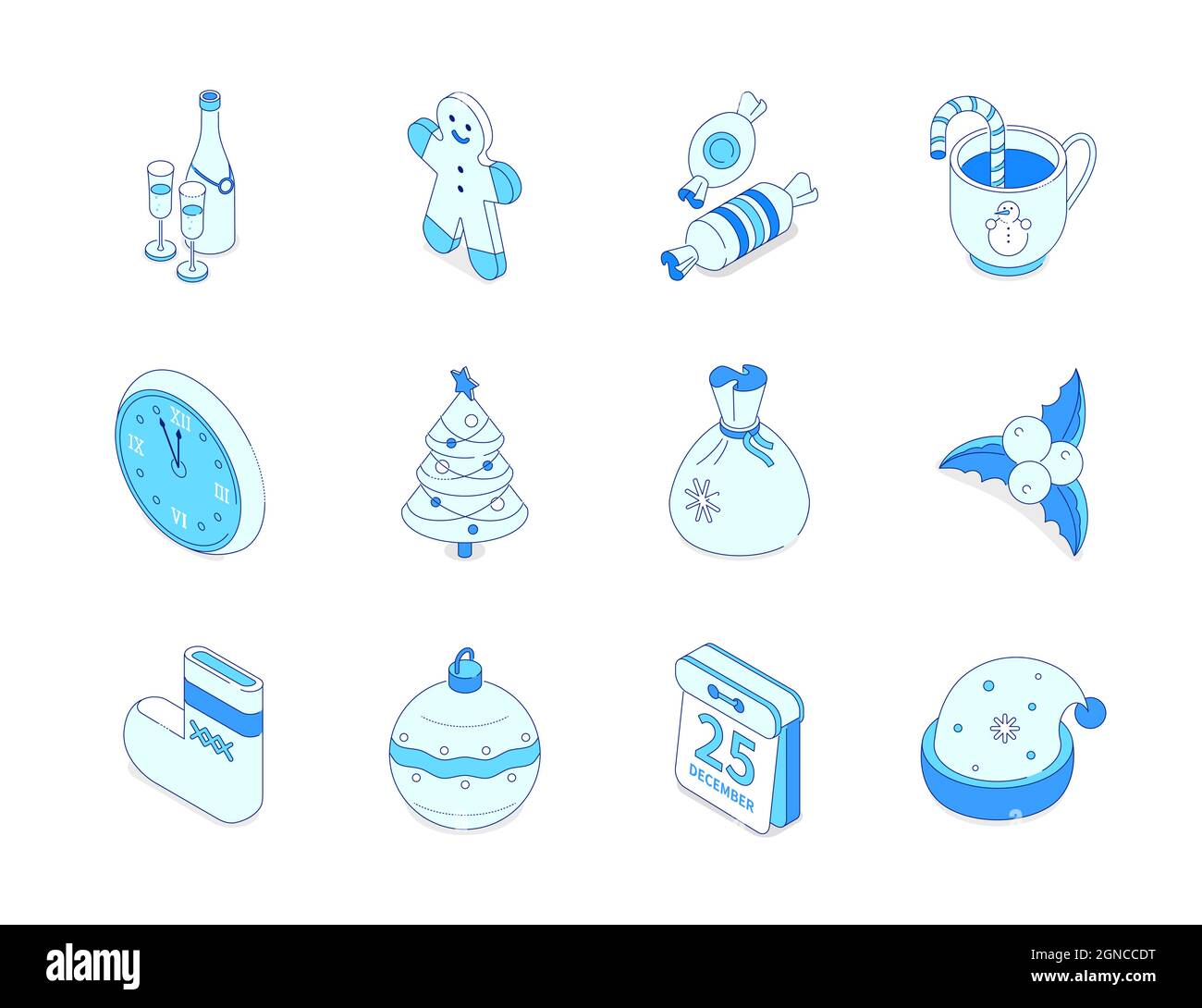 Frohe Weihnachten und ein glückliches neues Jahr - modernes isometrisches Ikonen-Set. Symbole für die Feiertagsfeier. Lebkuchenmann, Zuckerrohr, Uhr, geschmückter Baum, Nebel Stock Vektor